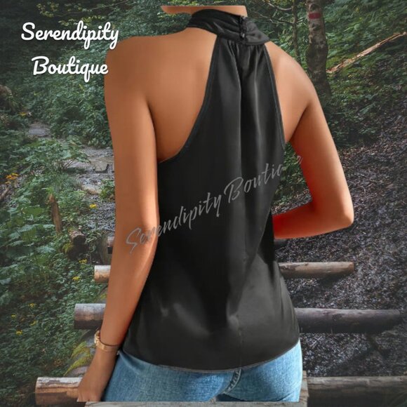 Classy Silky Black Grecian Neck Wrap Halter Ruched Cowl Sleeveless Sexy Blouse - Picture 2 of 6